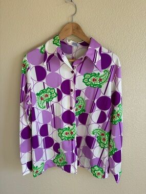 Retro 70s Button Front Blouse in Purple & Green